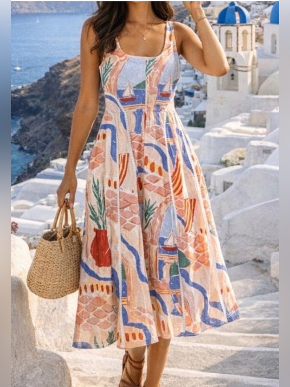 Christian Lacroix linen coastal chic sailboat print Midi vacation Dress M 8